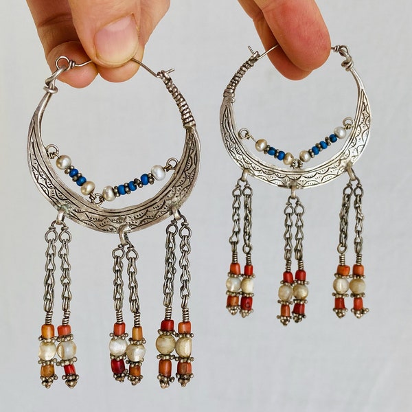 Vintage Uzbek Hoop Earrings. Bukhara Silver and Pearl Earrings. 1148