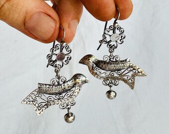 Oaxacan Filigree Bird Earrings. Sterling Silver. Mexico. Frida Kahlo. BI-3