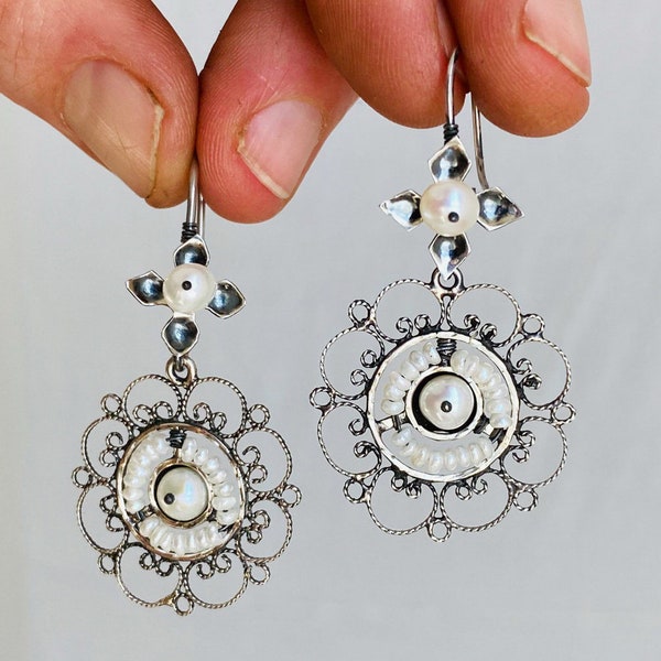 Taxco Filigree Earrings. Sterling Silver & Pearl. Mexico. Frida Kahlo