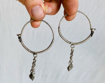 Vintage Large Kuchi Silver Hoop Earrings. Sterling Silver. Afghanistan. 0315