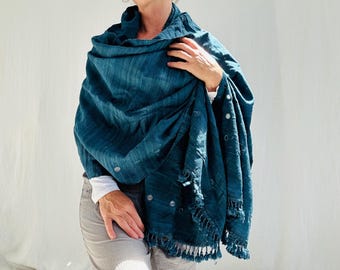 Indigo Silk & Wool Scarf and Shawl. Mirrorwork. Handwoven, Hand Dyed.