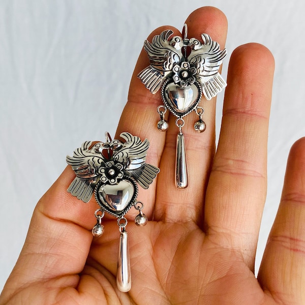 Taxco Love Bird Earrings. Sterling Silver. Mexico. Frida Kahlo 2093