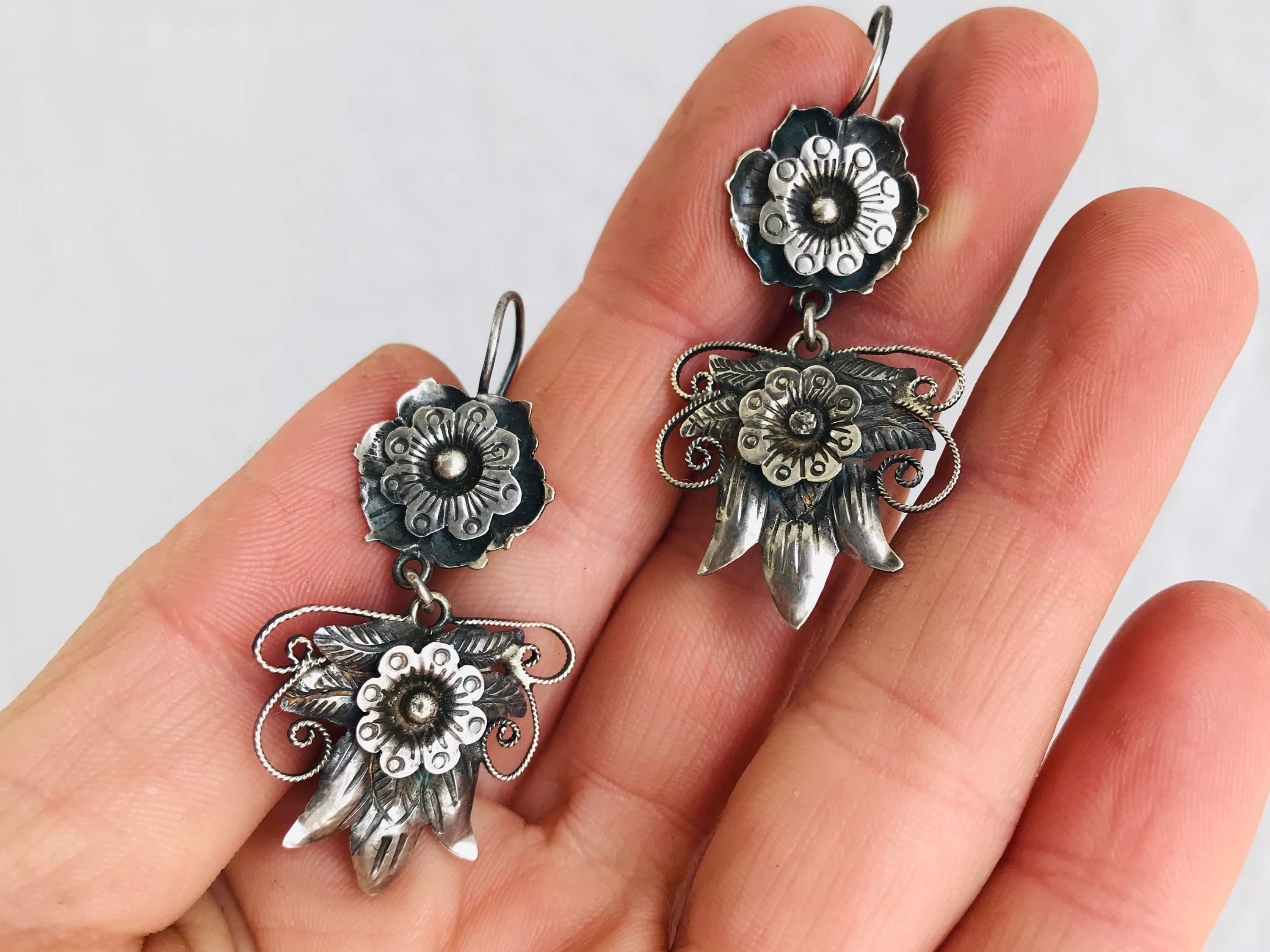 Mazahua Squash Blossom Earrings. Sterling Silver. Mexico. Frida