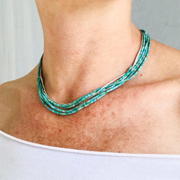 Turquoise Multi-Strand Choker Necklace. Tiny Turquoise Heishi and Sterling Silver