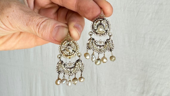Antique Oaxacan Gold Filigree Earrings with Pearl… - image 1