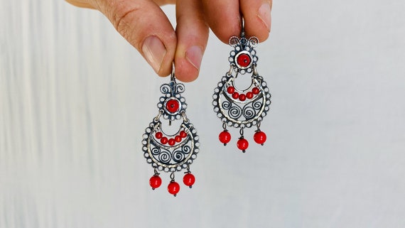 Oaxacan Filigree Earrings with Coral. Sterling Si… - image 1