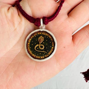 Antique Hindu Snake Amulet Necklace. Hand-Painted Serpent on Sterling Silver Pendant. 1016