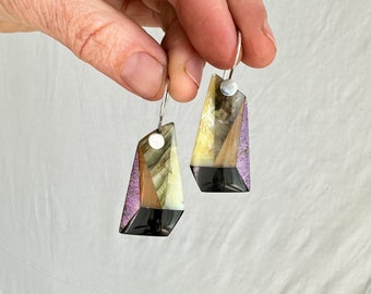 Intarsia Stone & Sterling Earrings. Labradorite, Sugilite, Obsidian. 0600