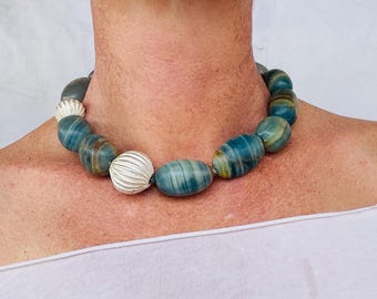 Blue Onyx and Sterling Beaded Necklace. Handcrafted Designer Statement Jewelry. 2841