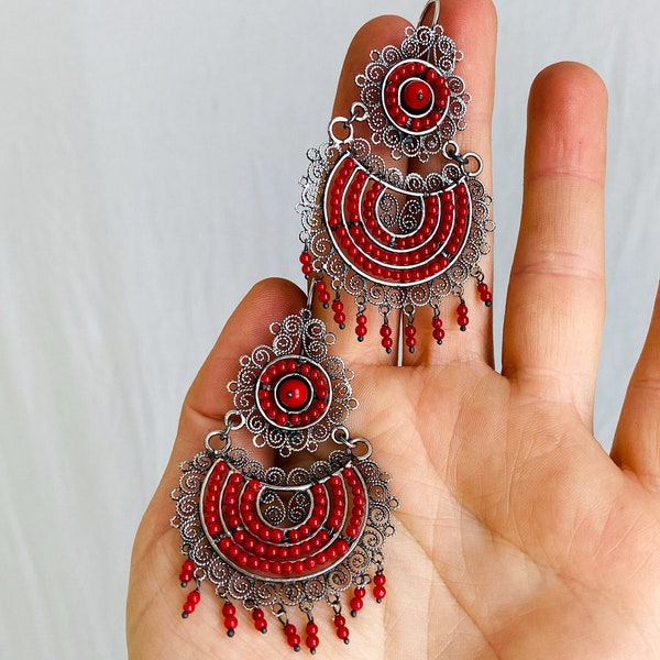 Oaxacan Filigree Earrings. Red Coral. Sterling Silver. Mexico. Frida Kahlo