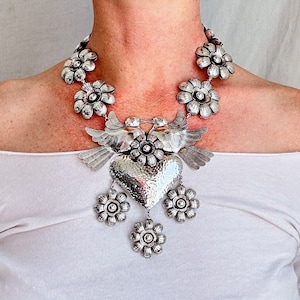 Heart & Flowers Silver Necklace. Taxco. Stunning! 0486