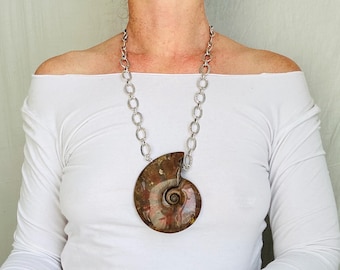 Ammonite Pendant Necklace on a Chunky Sterling Silver Chain. Handmade Designer Necklace. 2715