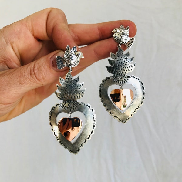 Taxco Silver Sacred Heart Earrings. Sterling Silver & Copper. Mexico. Frida Kahlo. 0236