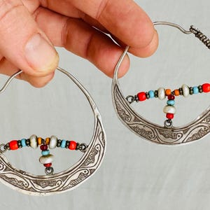 Vintage Uzbek Hoop Earrings. Bukhari Silver and Pearl Earrings. 4115