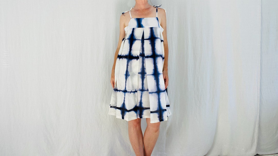 PLAID silk DRESS Indigo Shibori organic dye dress Medium main image 1