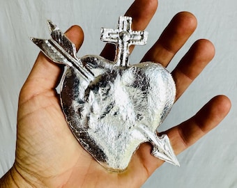Hand Cast Milagro Heart for Altar or Decoration. Silver Colored. 0964