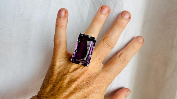 Oversized Faceted Amethyst Ring | Handmade Adjustable Sterling Silver | Unique Gemstone Jewelry. 3009