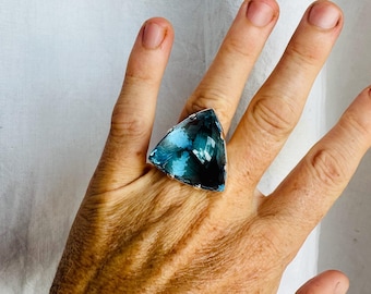 Oversized Faceted Aquamarine Cocktail Ring | Handmade Adjustable Sterling Silver |  AAA Stone 3022