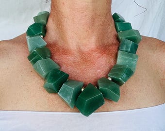 Faceted Aventurine Necklace. Handmade Designer Necklace. Sterling Silver Chain. Adjustable Choker. 2850.