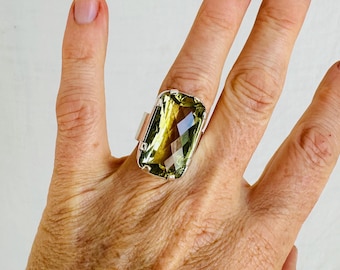 Oversized Faceted Lemon Topaz Cocktail Ring | Handmade Adjustable Sterling Silver | Unique Gemstone Jewelry.