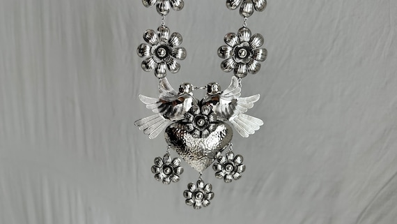 Heart & Flowers Silver Necklace. Taxco. Stunning!… - image 7
