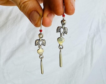 Sterling Silver Earrings. Cast Winged Heart Earrings with Dangle. 4421