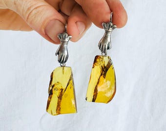 Mexican Amber & Hands Earrings. Cast Sterling Silver Jewelry from Oaxaca. 2885