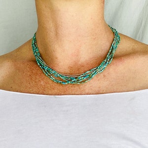 Turquoise Multi-Strand Choker Necklace. Tiny Turquoise Heishi and Sterling Silver