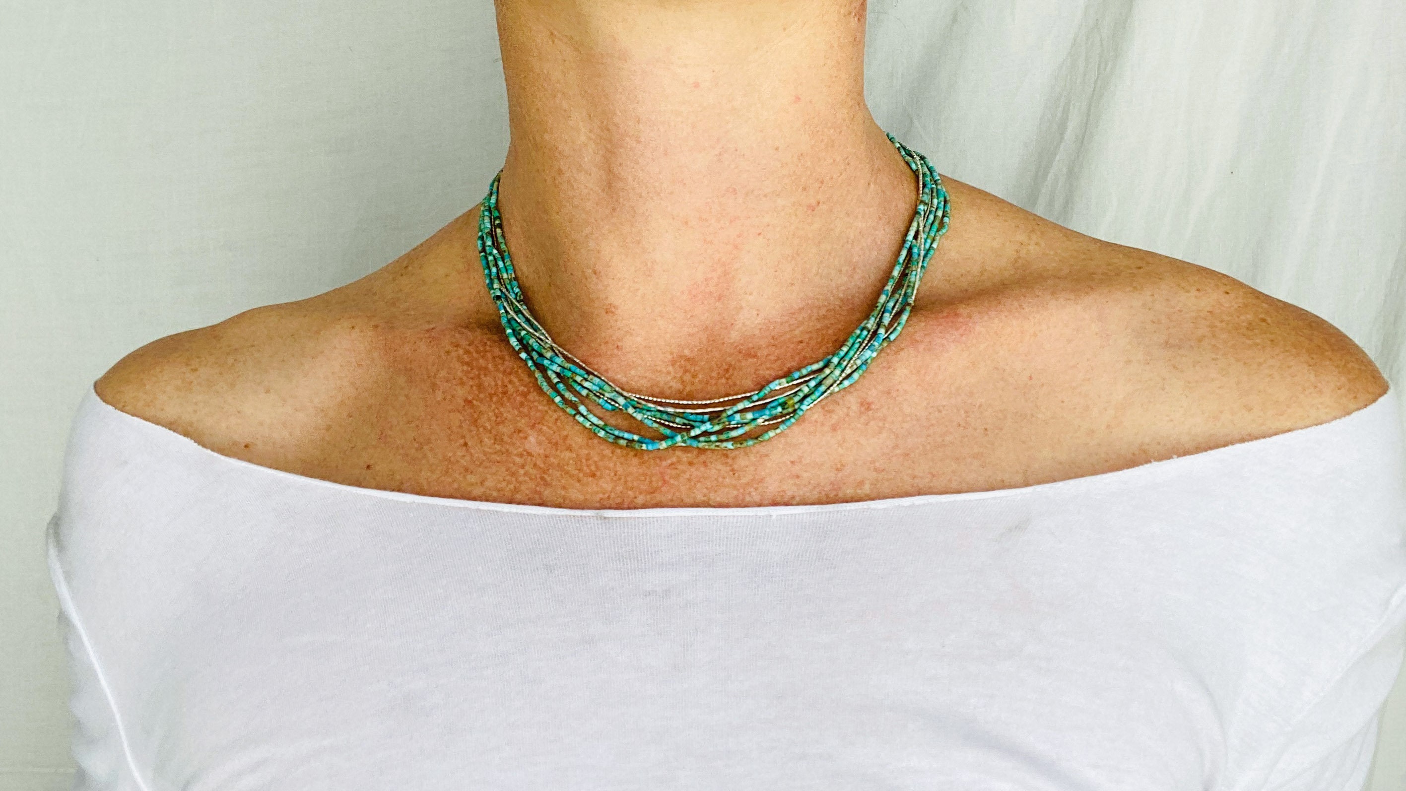 Turquoise Multi-Strand Choker Necklace. Tiny Turquoise Heishi and Sterling Silver