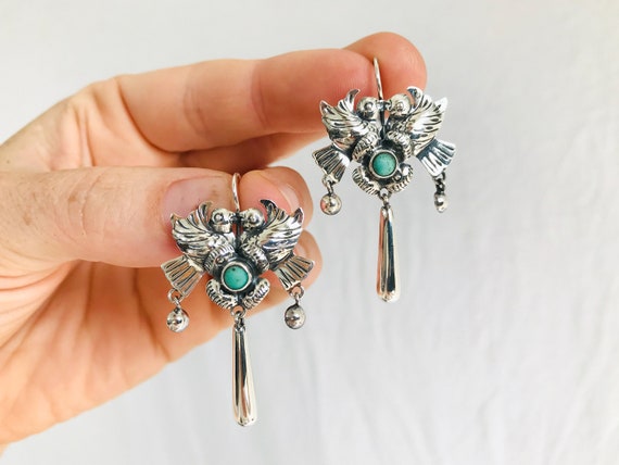 Taxco Love Bird Earrings. Sterling Silver & Turqu… - image 1