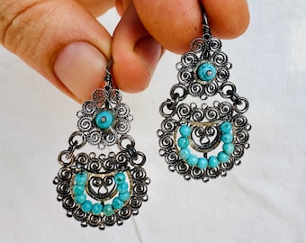 Oaxacan Filigree Earrings. Turquoise. Sterling Silver. Mexico. Frida Kahlo. 2818