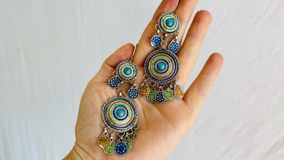 Vintage Uzbek Enamel Earrings. Bukhari. Sterling … - image 1