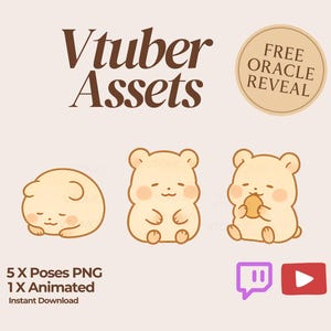 May include: Digital Vtuber assets featuring three cartoon bear illustrations in different poses. The image includes text that reads "Vtuber Assets", "5 X Poses PNG", and "1 X Animated". A circular graphic reads "Free Oracle Reveal".