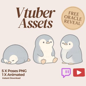 May include: An illustration featuring three cartoon penguins in different poses. The image includes the text "Vtuber Assets" and "Free Oracle Reveal." Additional text indicates the product includes 5 PNG poses and 1 animated asset.