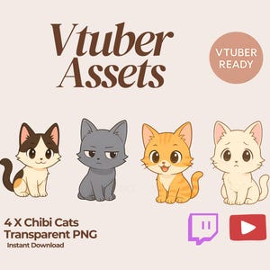 Puede incluir: Ilustración de cuatro personajes de gatos chibi en varios colores y expresiones. La imagen incluye el texto "Vtuber Assets" y "Vtuber Ready". También se incluyen iconos de Twitch y YouTube.