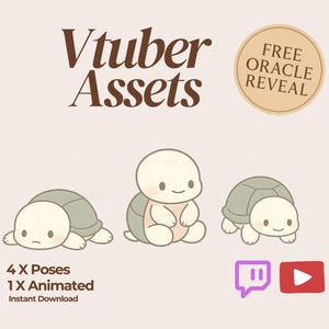 May include: An illustration featuring three cartoon turtles in various poses. The image includes the text "Vtuber Assets" and "Free Oracle Reveal." Additional text indicates 4 poses and 1 animated option. Twitch and YouTube social media icons are also visible.