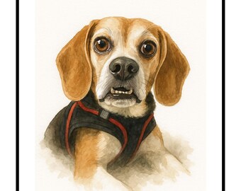 Custom Pet Portrait Watercolor Digital Pet Art Download Add Name Optional Black or Gold Frame Border Printable up to 8x10 Beagle