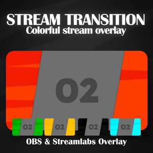 Puede incluir: Una superposición de transición de transmisión colorida con el número "02" en el centro. La superposición está diseñada para usarse con OBS y Streamlabs.