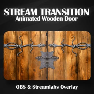 以下が含まれることがあります： OBSとStreamlabs用のアニメーション木製ドアトランジションオーバーレイ。ドアは茶色の木製の板と黒い金属製の蝶番でできています。ドアは閉まっており、濃い灰色の金属製のラッチが付いています。