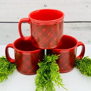 Vintage Rot Karierte Kaffeetassen, 3er-Set, Weihnachtsgetränk