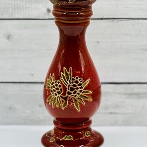 Large Dark Red Ceramic Pillar Candle Holder: Etched Pinecones & Holly Christmas Decor