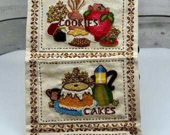 Vintage “Kitchen Confections” Crewel-Work Recipe Pocket / Recipe Panel Decorative Wall Hanging