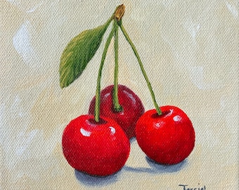 Red Cherries V 6" x 6" Original Acrylic Painting on Deep Gallery Wrapped Canvas by Torrie Smiley