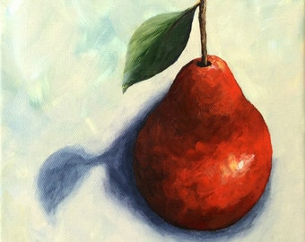 Red Pear in the Spotlight 8" x 8" Original Still Life Pear Painting by Torrie Smiley