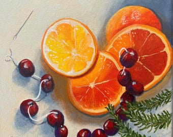 Original Oil Painting Oranges and Cranberries Still Life by Torrie Smiley Framed