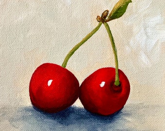 Red Cherries IV 6" x 6" Original Acrylic Painting on Deep Gallery Wrapped Canvas by Torrie Smiley