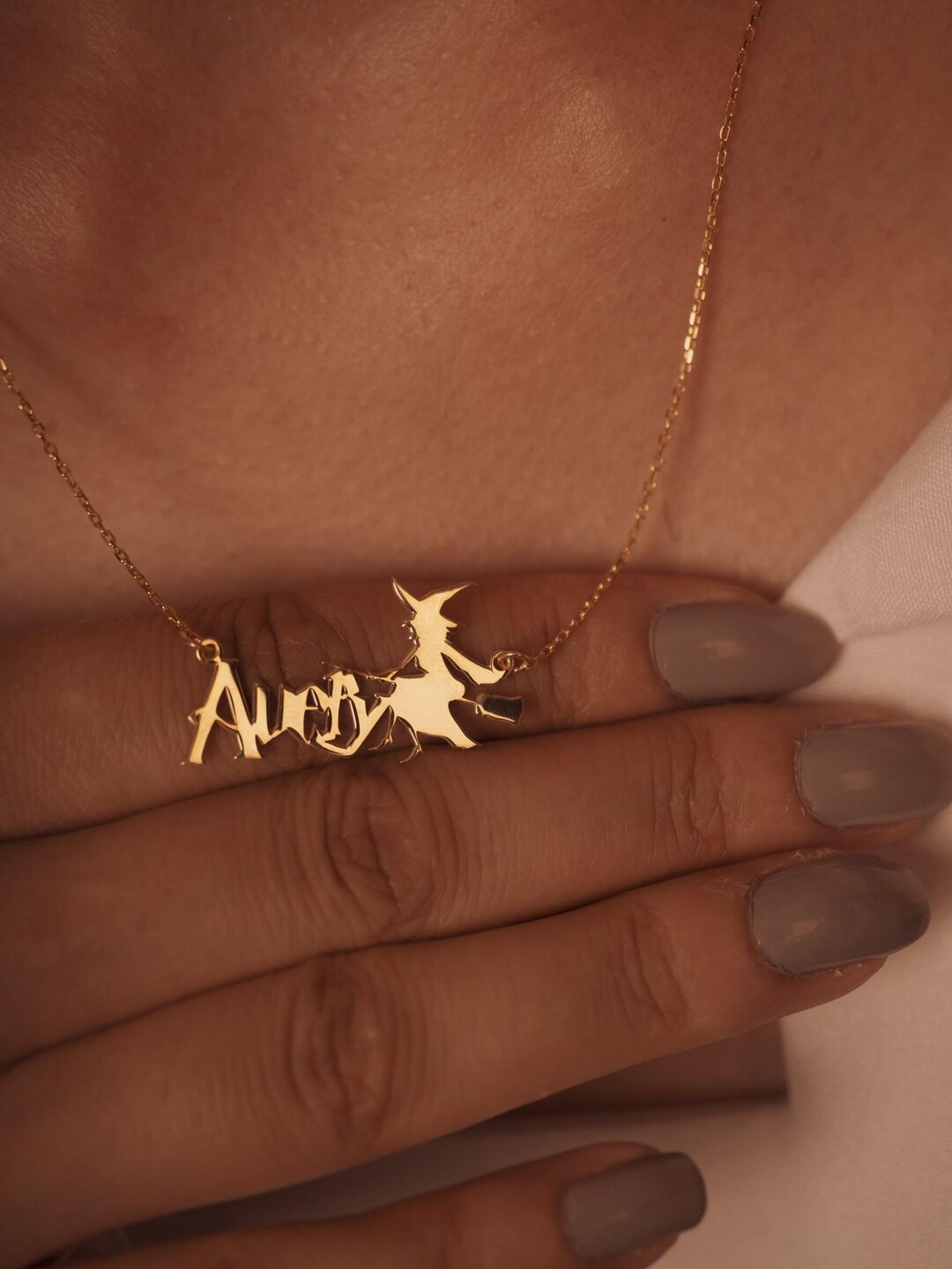 Personalized Witch Name 14K Gold Necklace, Custom Halloween Necklace ...