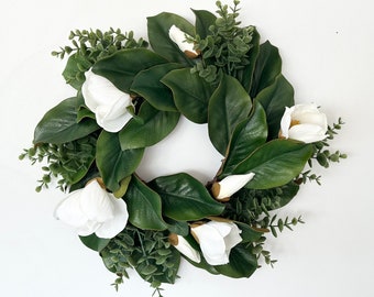 Year Round Magnolia Eucalyptus Wreath with Blossoms for Front Door, Entryway, Wall Decor, Modern Farmhouse Wreath, Everyday Wreath, Gift