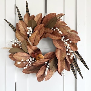 Fall Magnolia & Pheasant Feather Wreath: Neutral Autumn Door Decor