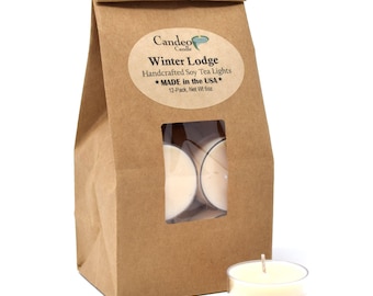 Winter Lodge, Holiday Soy Tea Lights, Clear Cup, Burns 5+ Hours Each, Christmas Candles